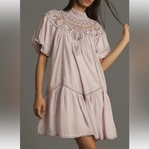 Anthropologie Women High Lace Neck Tiered Tunic Mini Puff Sleeve Lavender New M